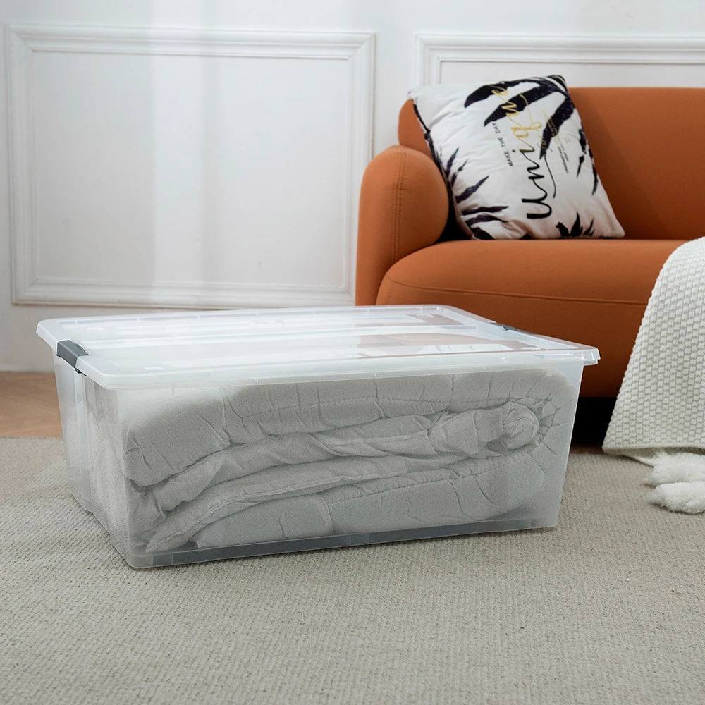 90L clear plastic transparent storage box with wheels and handle