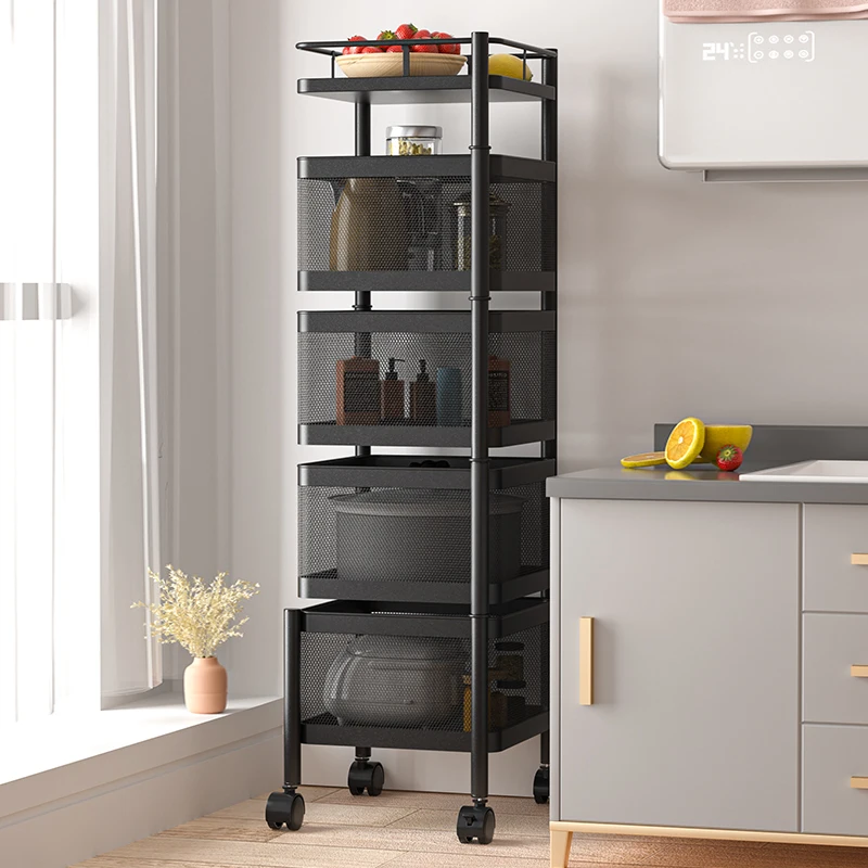 Kitchen storage rotatable shelf 3 4 5 Layer Rotating Practical Trolley Kitchen Square Shelf With Wheel Storage Rack
