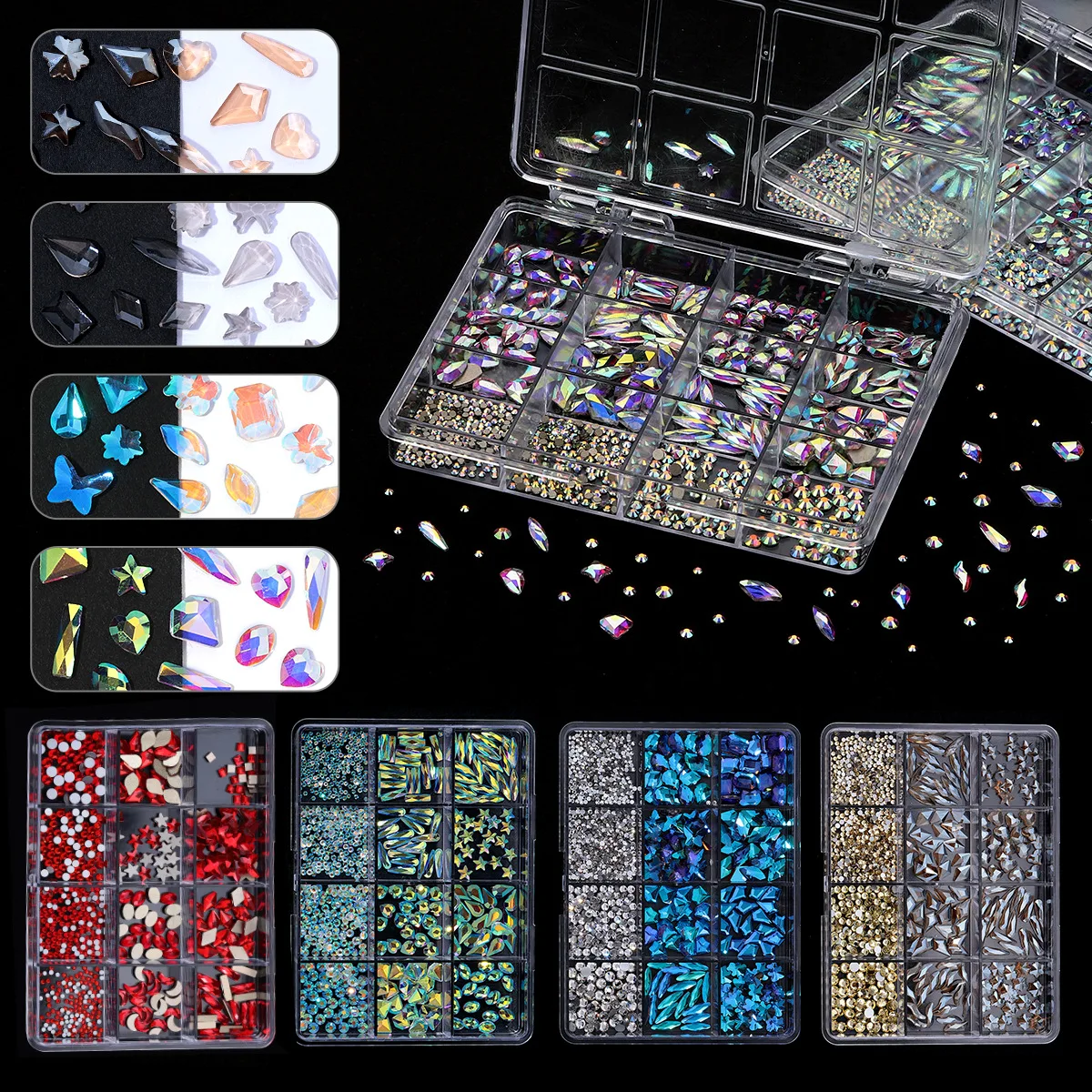 Wholesale Nail Art Rhinestones Crystal Charms Set Glass Gem Stone Gold Flatback Mixed Size Charms Nail Diamond Rhinestone