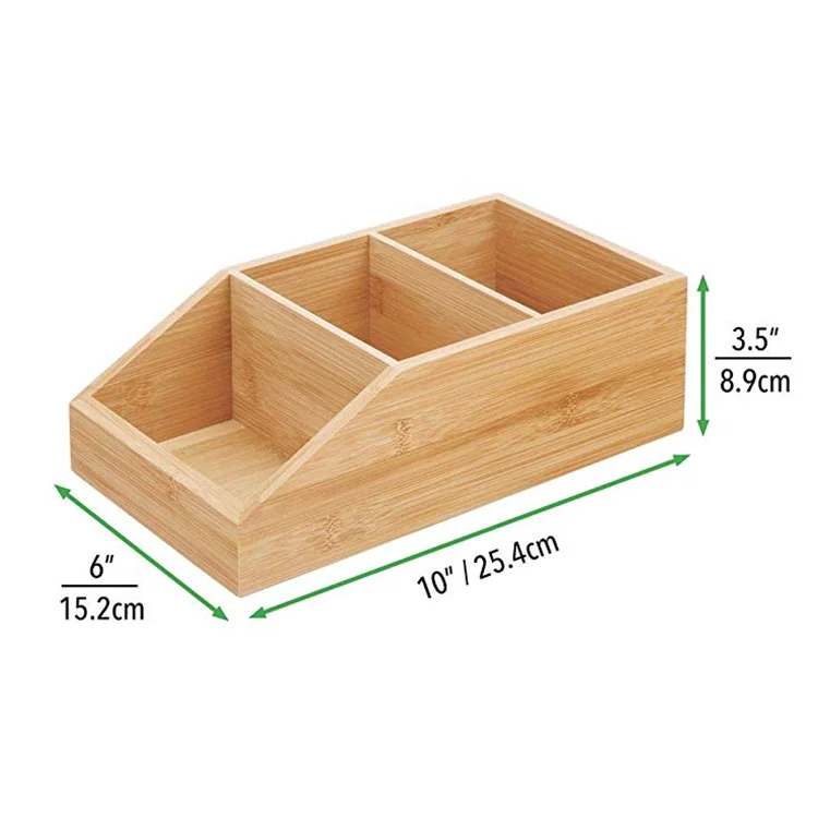 High Quality Home Office Organization Solid Wooden Storage Shelf Bamboo Storage Bin With 3 Divided Sections and Sloped Front
