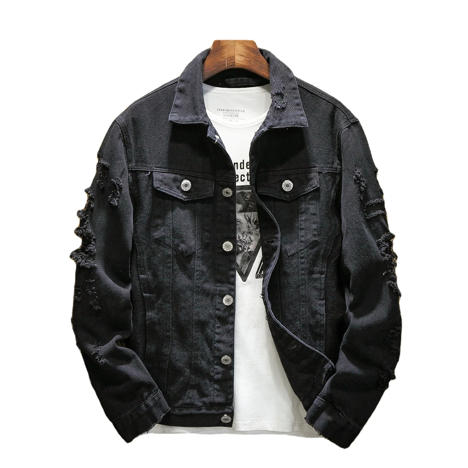 100% cotton denim Jacket Men Ripped Holes pink Mens Denim Jacket Buttons Fashion Streetwear Pockets Casual Hip hop Male Coat 7XL