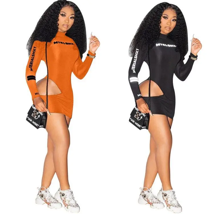 
Newest Design summer sexy Hollow Out dresses tight fitting club outfit bodycon sexy long sleeves cut out letter printed dress 