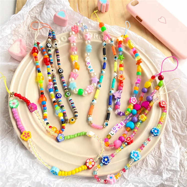 Universal Cellphone Lanyard Colorful Beads iphone Chain Straps Boho Soft Clay Phone Charms Wrist For Women Girls