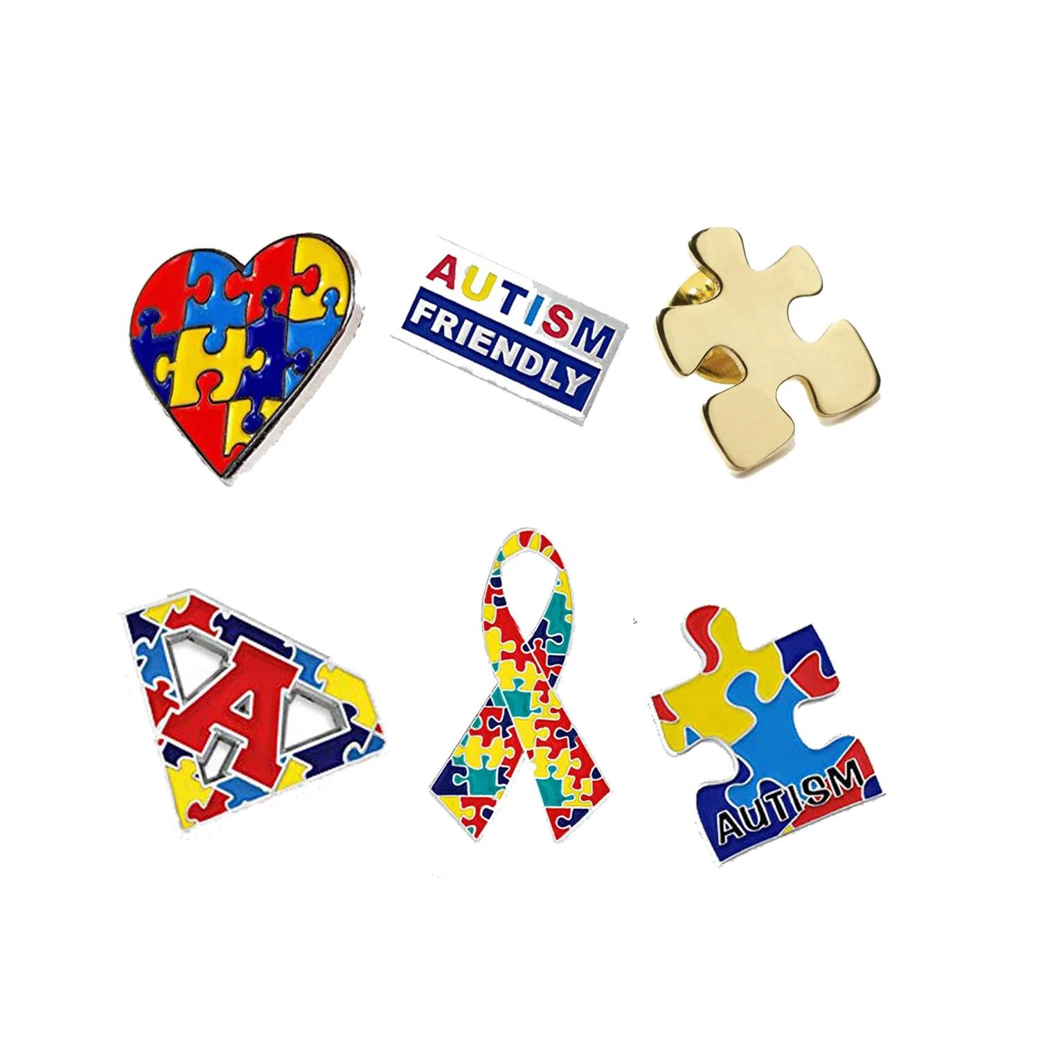 Factory Direct Custom Metal Soft Hard Enamel Puzzle Pieces Awareness Autism Brooch Lapel Pins