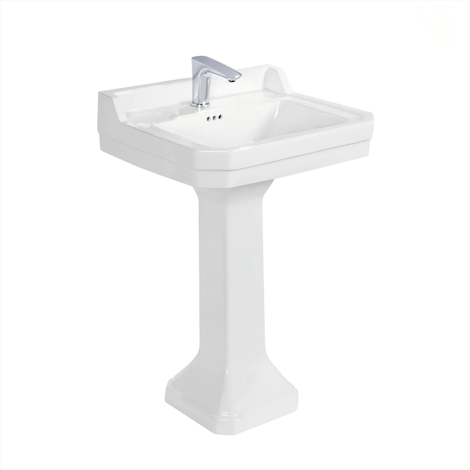 Popular 23 Inches Wide Medium Size Edwardian Design Lavatory Pedestal Sink Freestanding Wash Basin with Decorative Backsplash