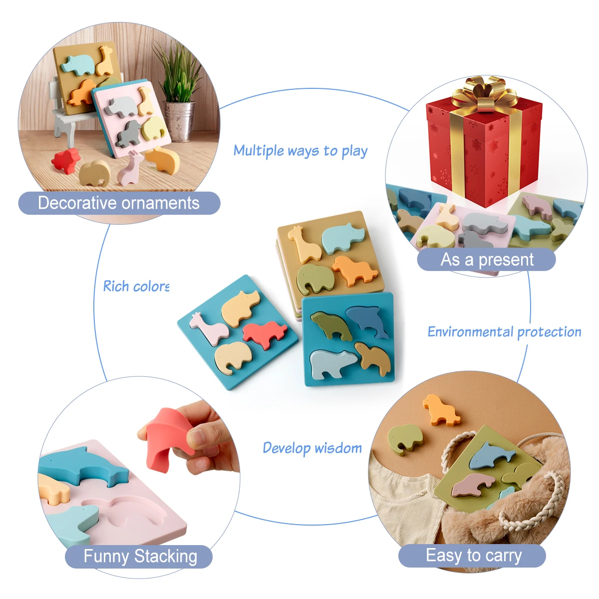 Wholesale Food Grade Silicone Children Educational Animal Shape Platter Bpa Free Sorting & Stacking Blocks Teether