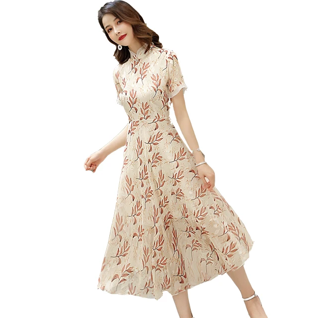 
Chinese morden fashion Cheongsam, Floral long Qipao, Short sleeve chiffon Dress For Women 