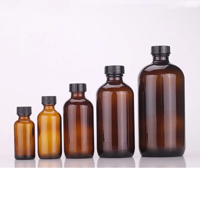 Amber Boston Glass Bottle For Cosmetics Packaging, Different sizes amber glass bottle for oil