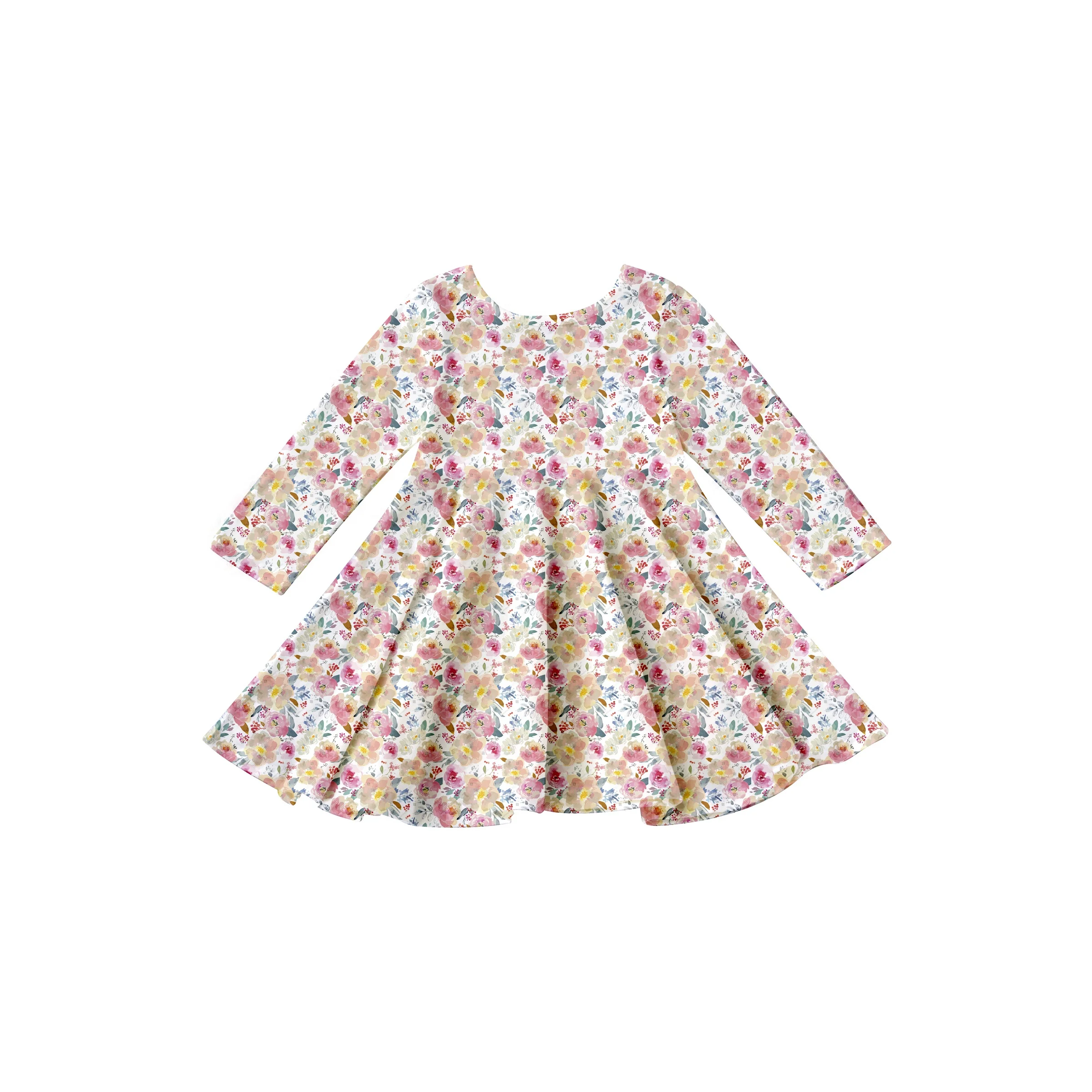 Girlymax 2023 Spring colorful  Floral Long Sleeve and Knee Length Baby Girls dresses