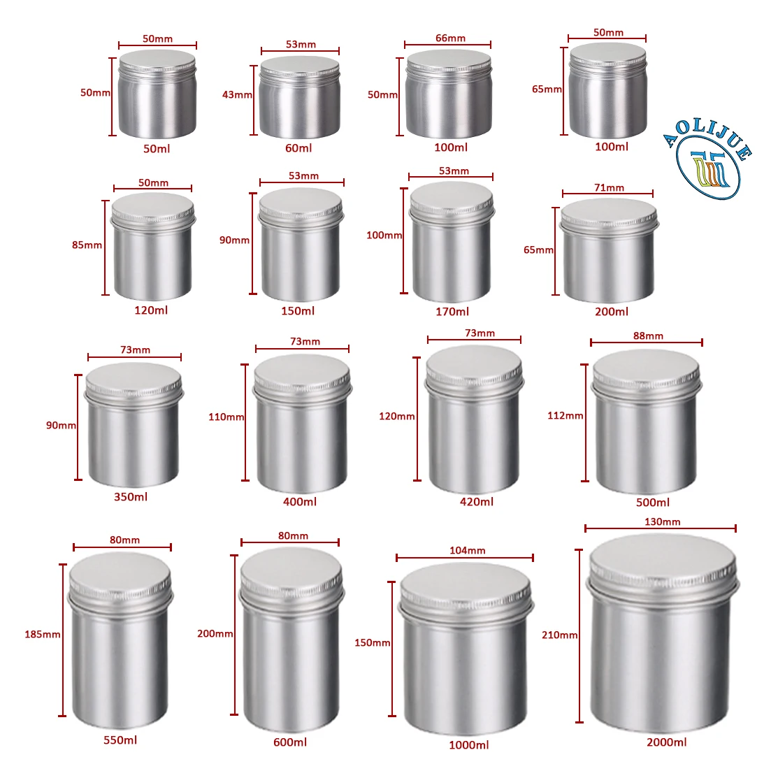 Customized Metal Cosmetic Food Tin 50ml 150ml 200ml 400ml 500ml 1000ml 2000ml Empty Aluminum Candy Cans 100ml Round Aluminum Jar