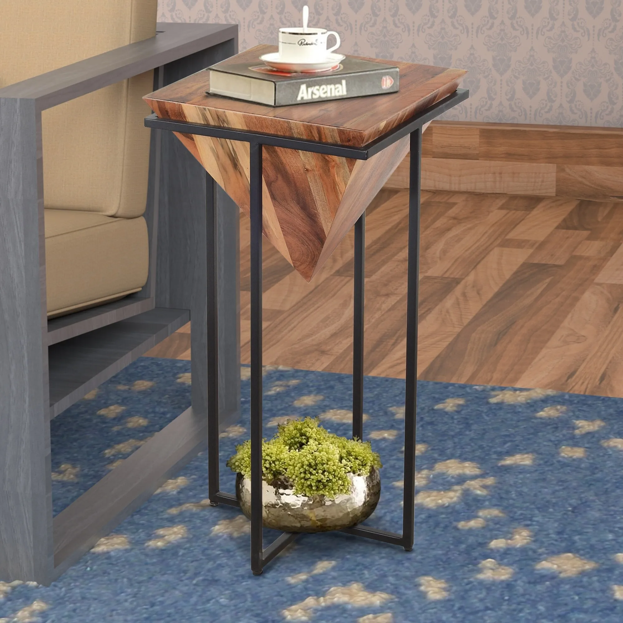 Contemporary American pyramid shaped metal and wood side table