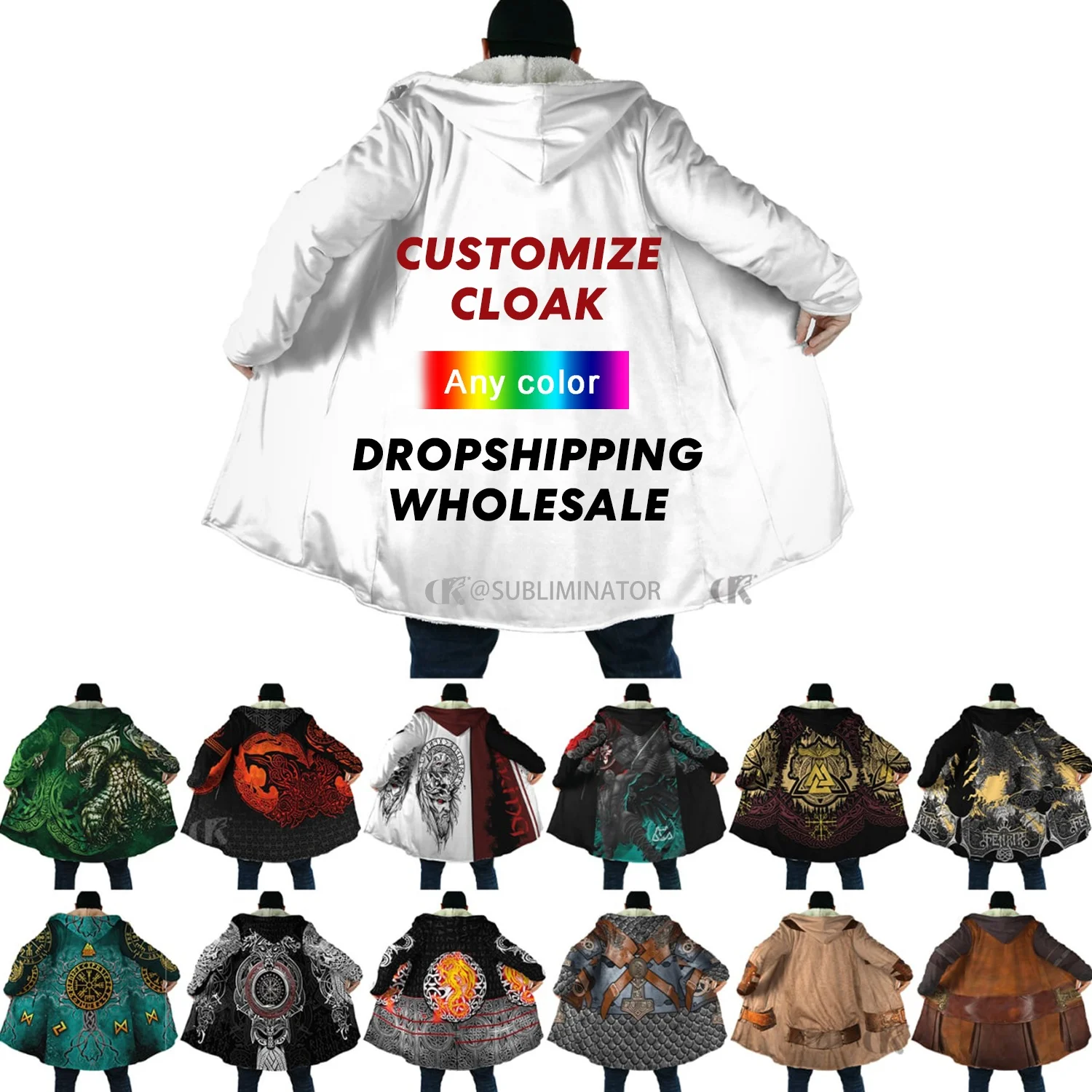 Wholesale OEM Custom Logo Christmas Mens Cloak 3D Over Printed Fleece Hooded Cloak Unisex Casual Thick Warm halloween Cape coat