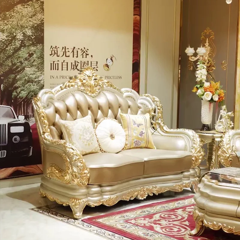 European solid wood leather sofa American double-sided carving luxury villa living room sofa combination 123 high-grade French