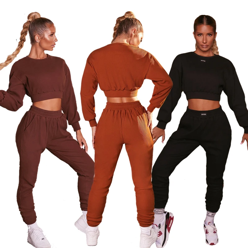 
2021 Fashion Sports Long Sleeve Sweater Set Ladies Solid Color Crop Top High Waist Sports Pants Fitness Exercise Leisure Sportsw 
