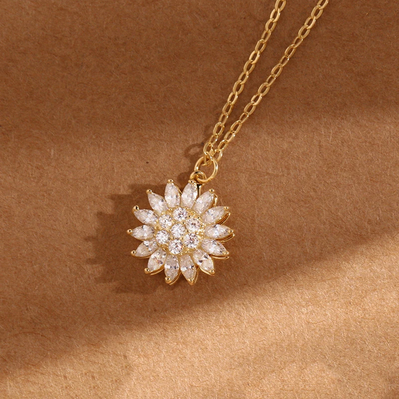 Rainbowking Dainty S925 sterling silver Rotating flower charms jewelry 18k gold plated pave setting cluster cz pendant necklace