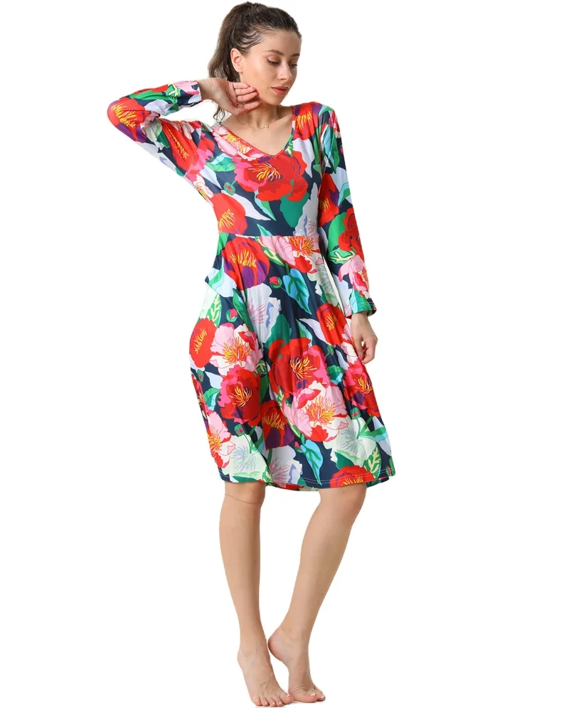 New Arrivals Wholesale Ultra Soft Fashion Women Full Long Sleeve Dress Red Flowers Four Seasons Lady Soft Dresses with Pockets