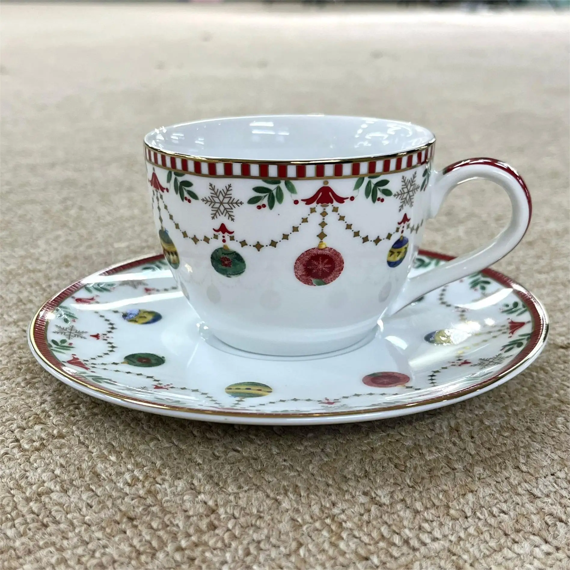 Gold Trim Ceramics Fine Bone China Holiday Vibe Tea Coffee Cup and Saucer Set
