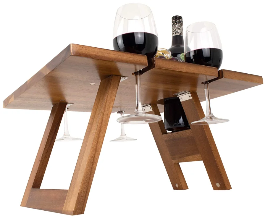Portable Folding Wine Champagne Acacia Wood picnic table with Foldable Legs, Food-Safe Top, Bottle & Glass Holders