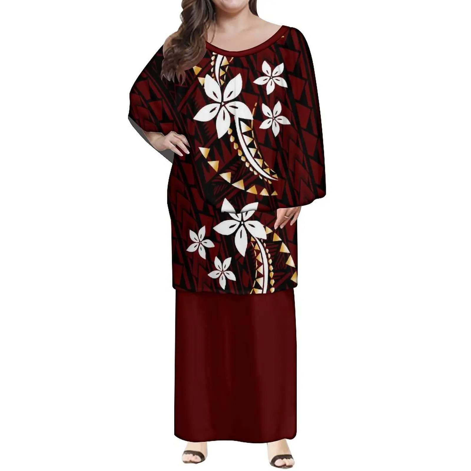 New Style Polynesian Women Long Ponchos Dress Puletasi Samoan Custom Plus Size Layered Ruffle Top Skirts 2 Piece Set Wing Dress