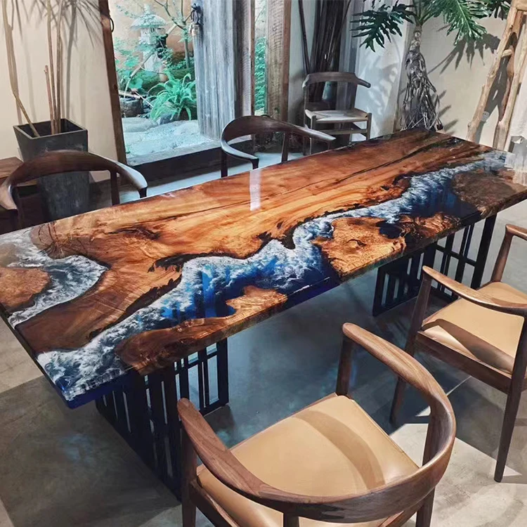 Pterocarpus Erinaceus Poir Wood Clear Blue River Epoxy Resin Top Slab Dining table With Table Leg