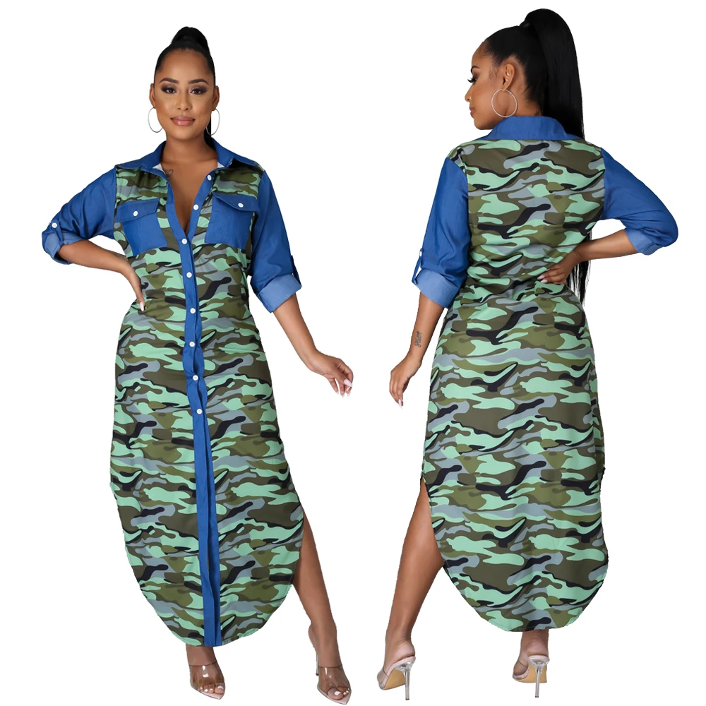 casual dress Fashion camouflage print cardigan denim long-sleeved dress cross-border irregular new dresses for women