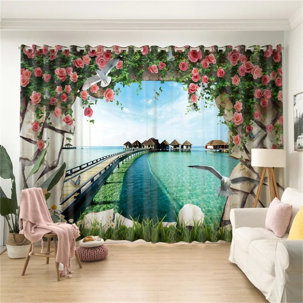 European Street View Alley Polyester 3D Landscape Floral Photo Blackout Curtain for the Living Room
