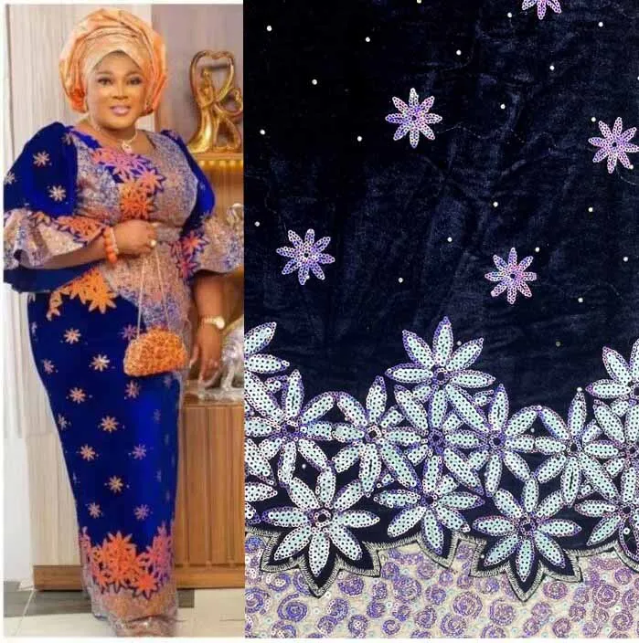 LH Indian Flower Embroidery Fabric For African Bridal 2024 Nigerian Velvet Sequin Embroidery Fabric For Women Dress