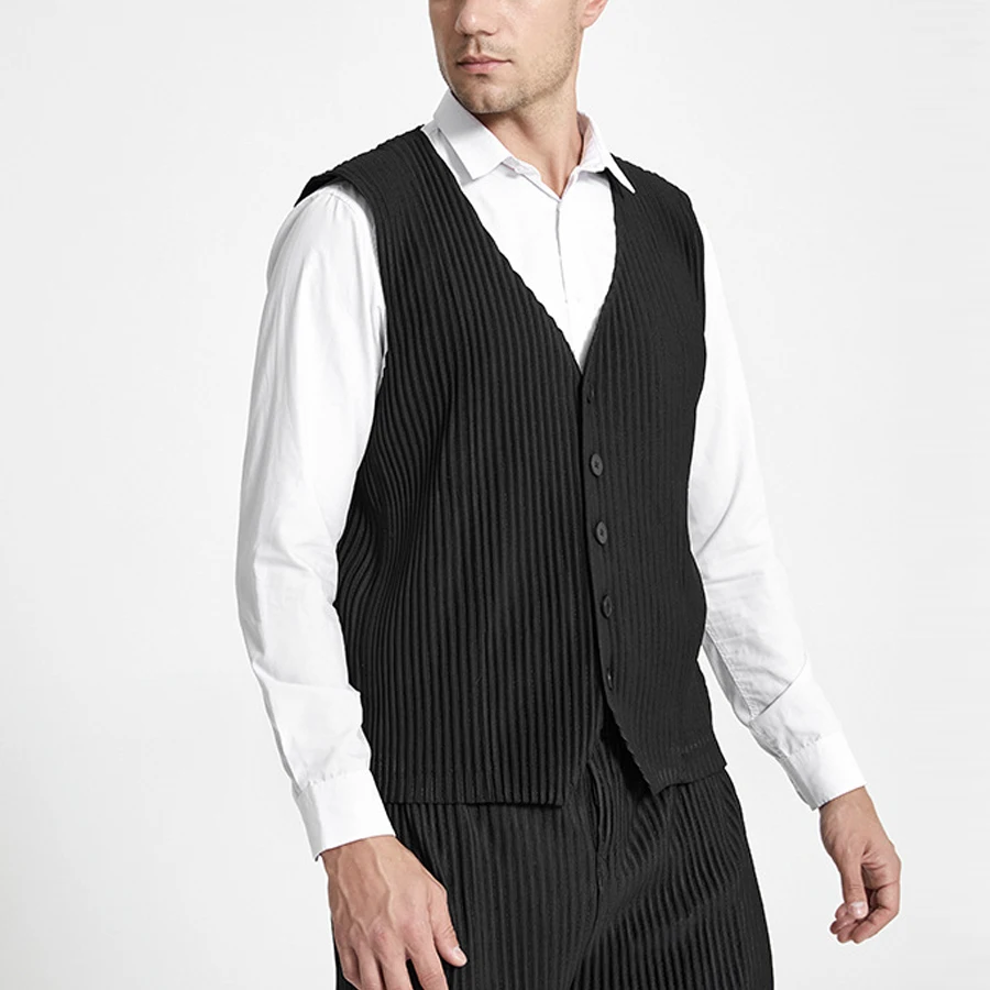 
FXZ Wholesale Custom Pleat Men Waistcoat Formal Suit Vest 100% polyester high quality Pleated men vest 