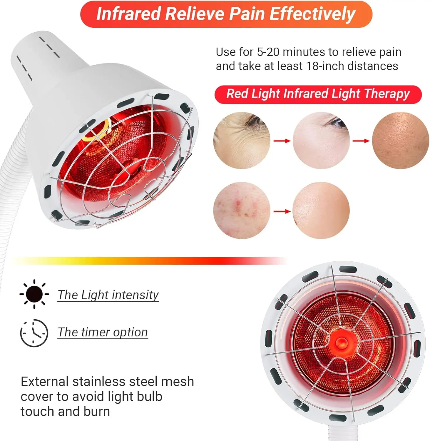 Device Relieve Neck Shoulder Joints Back Pain Muscle Aches Standing for Body Face 275W Red Heat Lamp Near Infrared Light Therapy