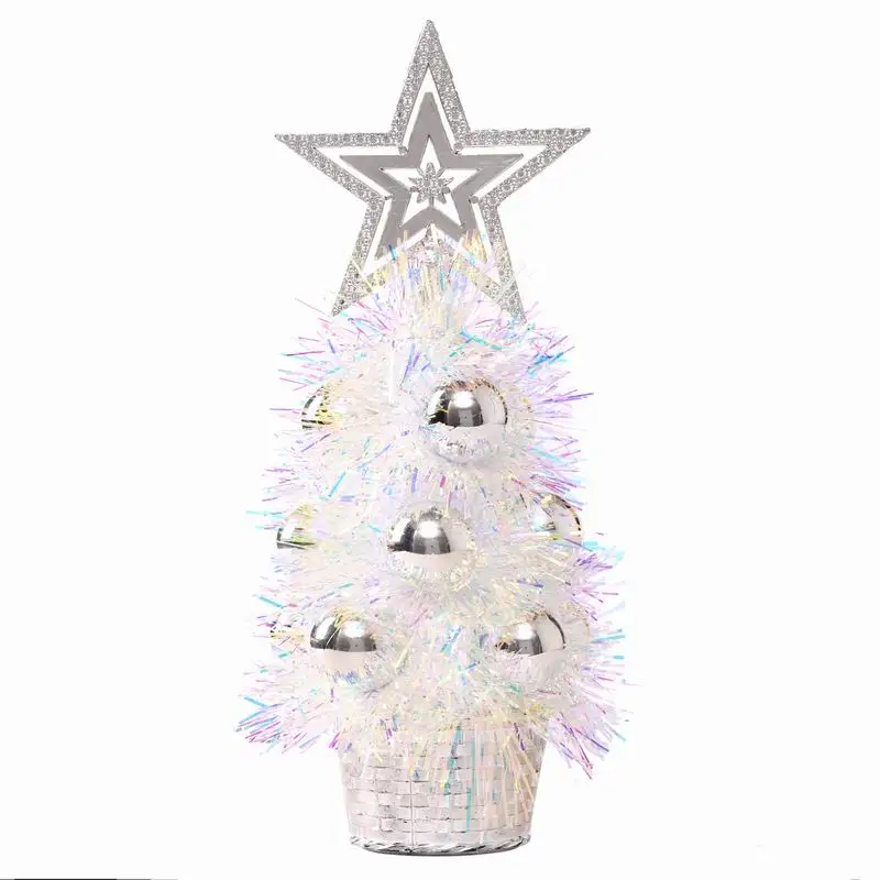 2024 New Design PET Tinsel Mini Small Christmas Tree With Silver Plastic Ball Table Top Xmas Tree Christmas Decoration Supplies