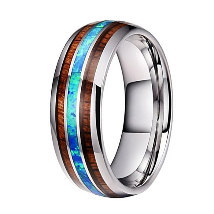 Hot Selling 8mm Men Women Tungsten Carbide Ring Blue Opal Koa Wood Inlay Fashion Jewelry Engagement Wedding Band