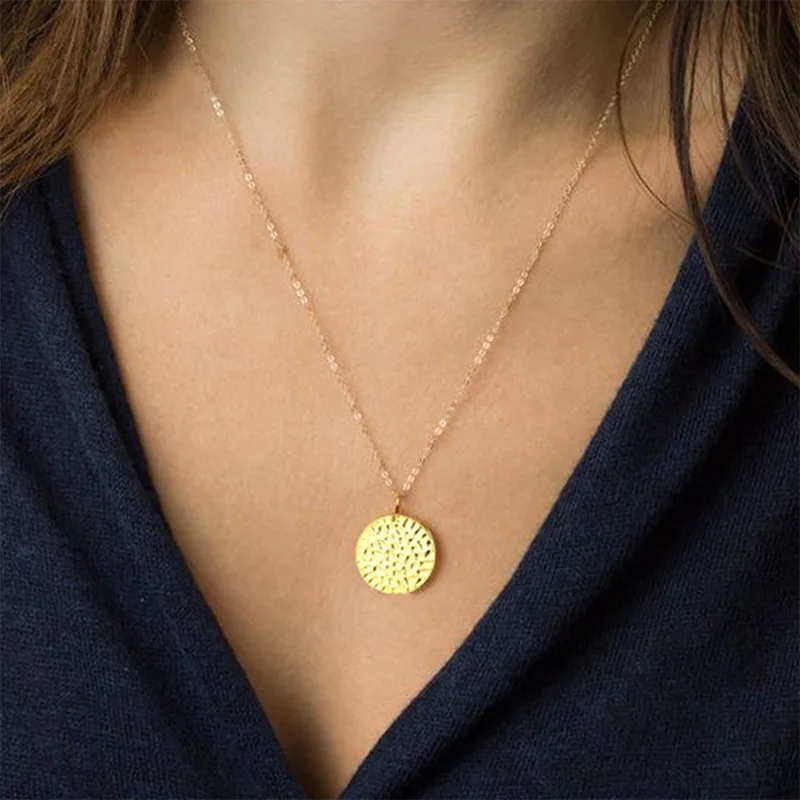 e-Manco Minimalist Round Hammered Custom Pendant Stainless Steel Necklace Sublimation Blank Laser Engraving Jewelry for Women