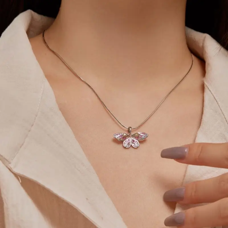 Dylam Exquisite Pink Dragonfly Pendants For Women Necklace Hollow Butterfly Snake Chain Link Colourful Cubic Zirconia Necklaces