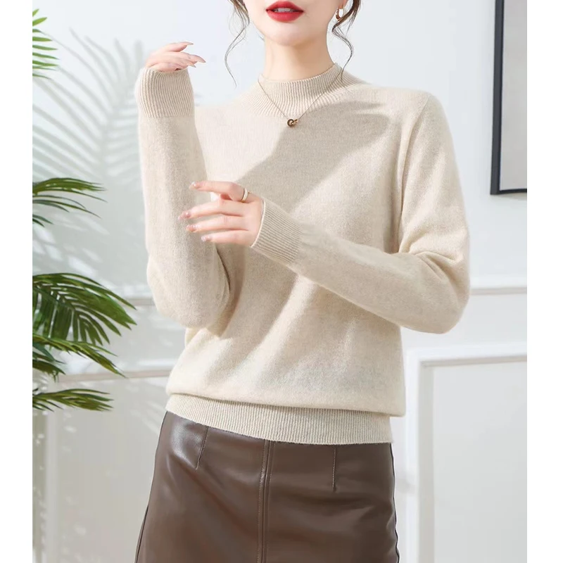 sweater custom 100% cashmere seamless one-piece sweater with half turtleneck inside and a solid color blouse for women