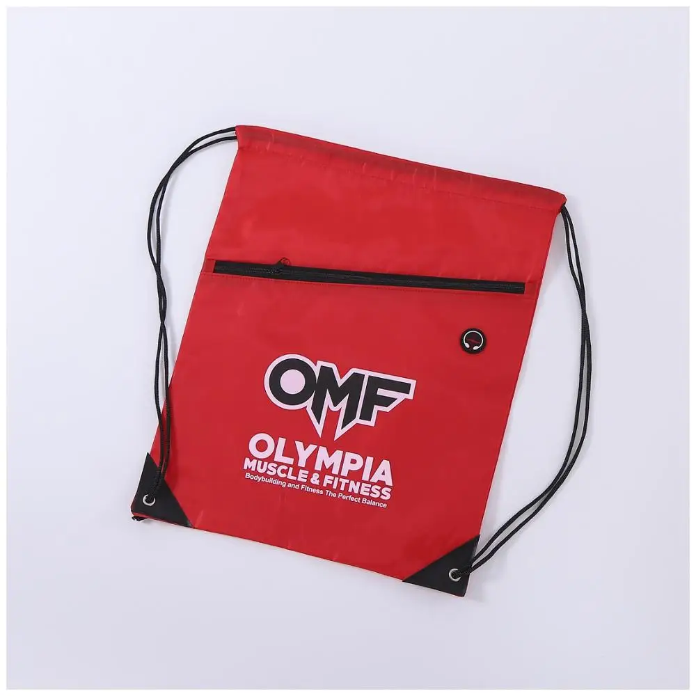 Wholesale Promotion Polyester Zipper Drawstring Bag with Earphone Front Pocket For Gym Sports