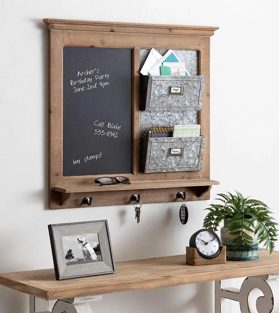 
Wood Framed Wall Organizer Farmhouse-Inspired Magnetic Chalkboard with Mail Holders 