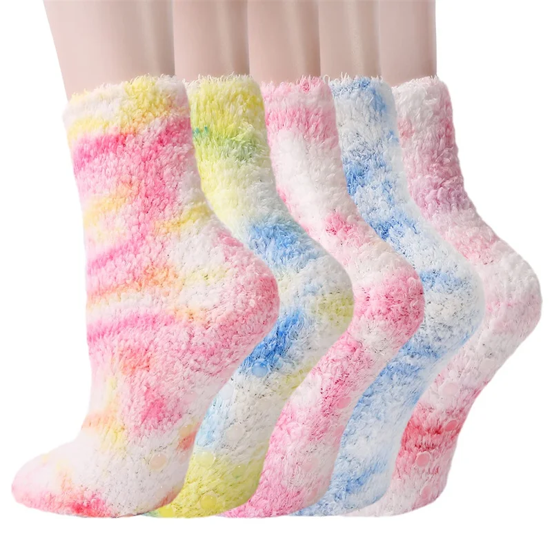 tie-dye colorful custom size grip socks cozy home floor socks soft plush fuzzy socks
