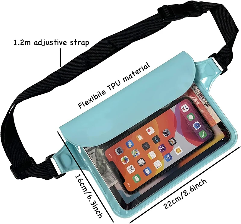 Waterproof Pouch Bag Transparent Screen Touchable Cell Phone Bags With Adjustable Waist Strap For Travel Beach Swimming Boating