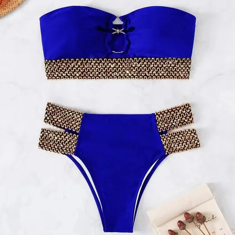 Bandeau tankini metallic bikini  custom metallic bikini with metal logo sew bikini swimwear clothes metal label customised