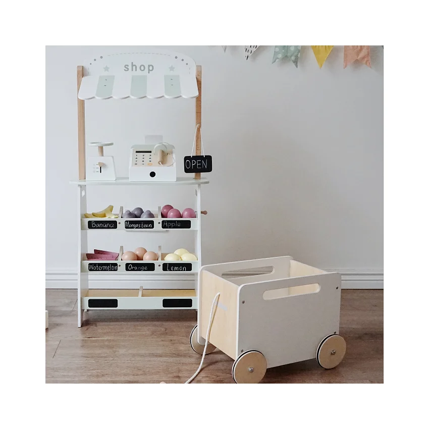 Wooden fruit shop fruit store mini market toy canteen cashier counter sale shelf wooden fruit and vegetable cut cart for kids