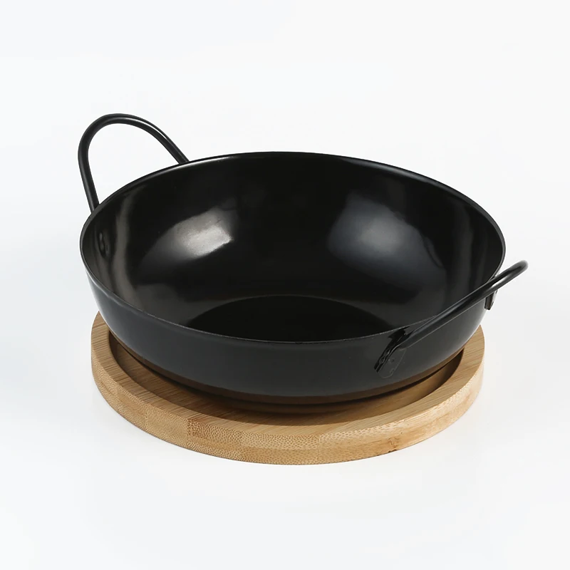 Hot Selling 20cm Black Chinese Mini Wok Set with Wooden Tray Small Wok Pan for Home