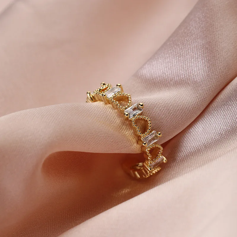Stainless Steel Real 18K Gold Plated Zircon Heart Adjustable Ring Hollow Heart Open Finger Rings