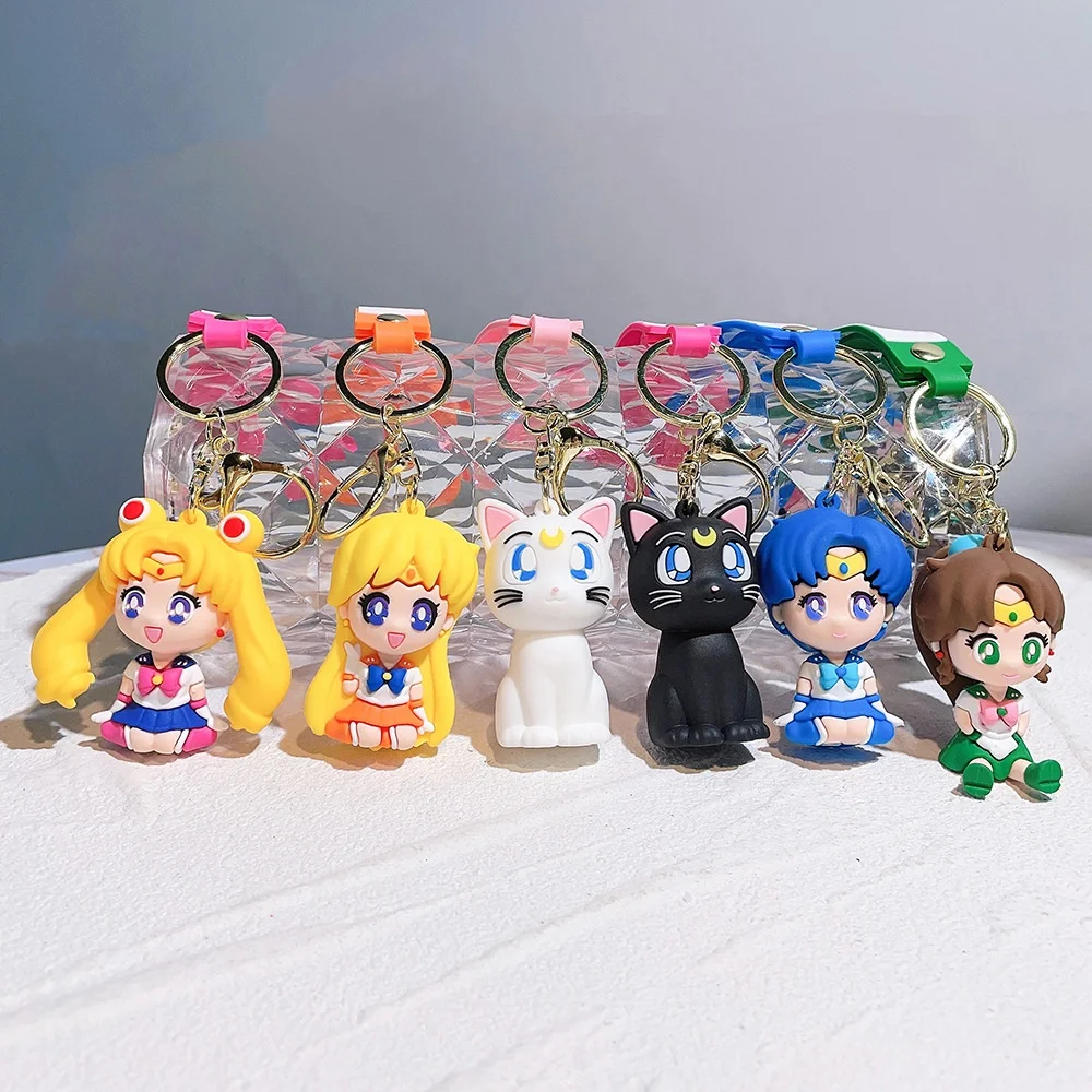 Factory Wholesale 3D cute silicone charm Sailor Moon pvc cartoon keychain With Wristlet Strap for Car key Keychain