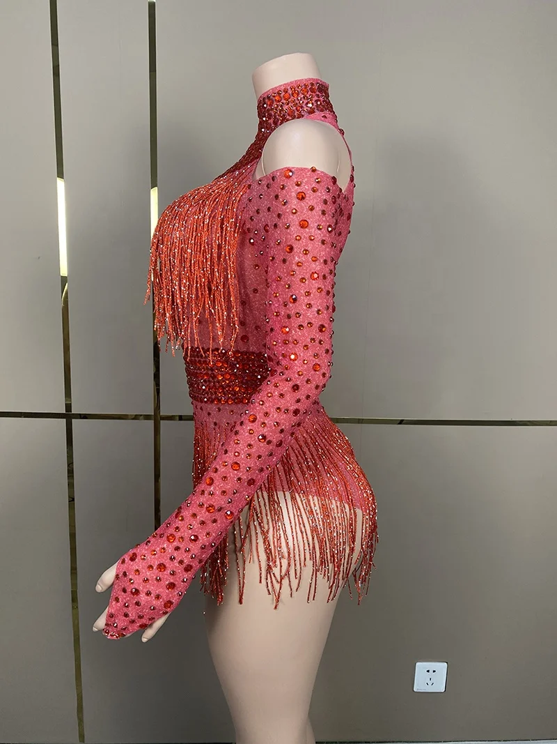 Red Black Rhinestones Fringes Transparent Bodysuit Women Dance Celebrate Performance Costume Birthday Evening Outfit