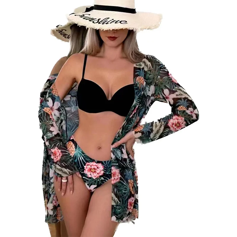 European and American three piece swimsuit bikini shawl mesh split bikini sexy backless hard wrap long sleeved swimsuit