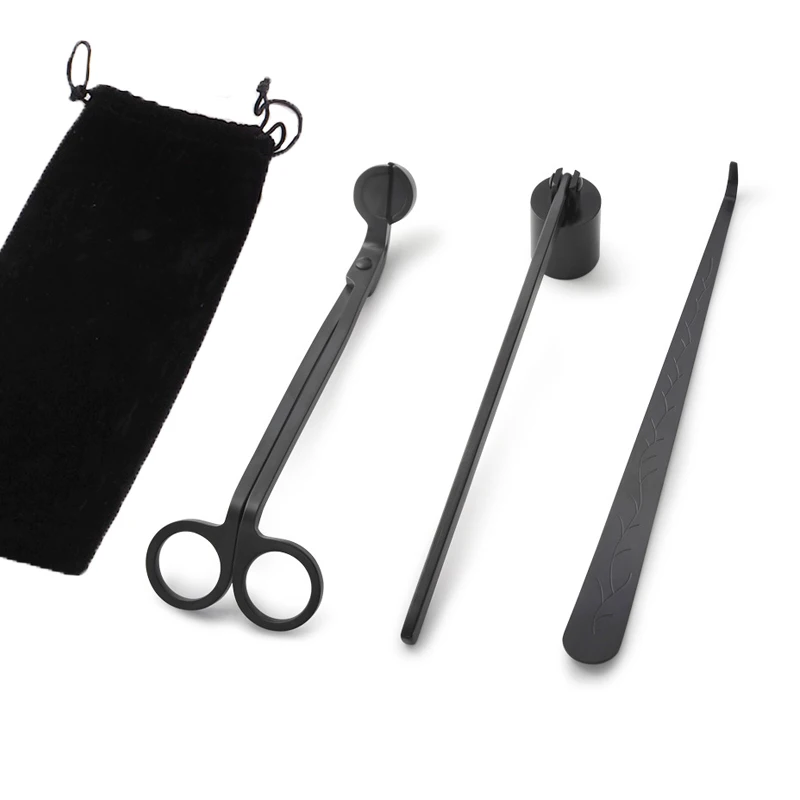 3pcs Wholesale Stainless Steel Engraved Bulk Custom Lighter Snuffer Black Candle Tool Wick Trimmer with bag