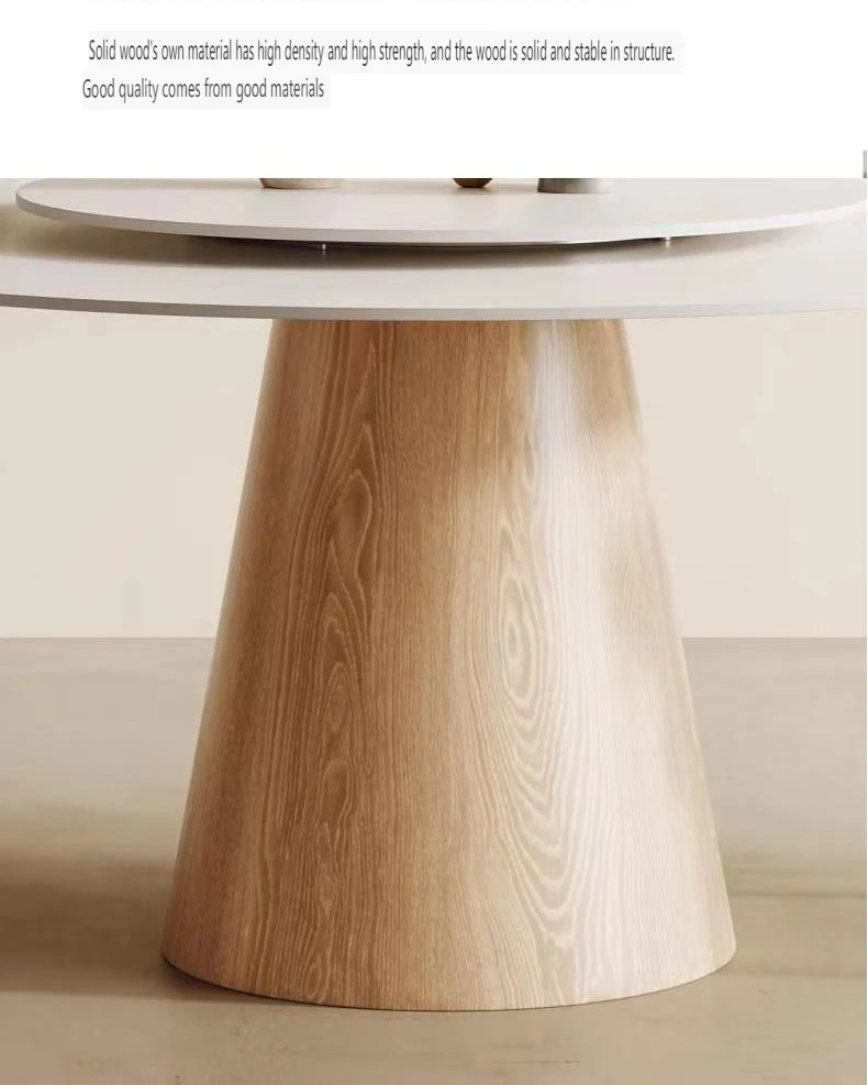Round Rock Slab Dining Table Modern Simple Home Dining Dinner Table with Turntable Solid Wood Base Strong Load-Bearing Capacity