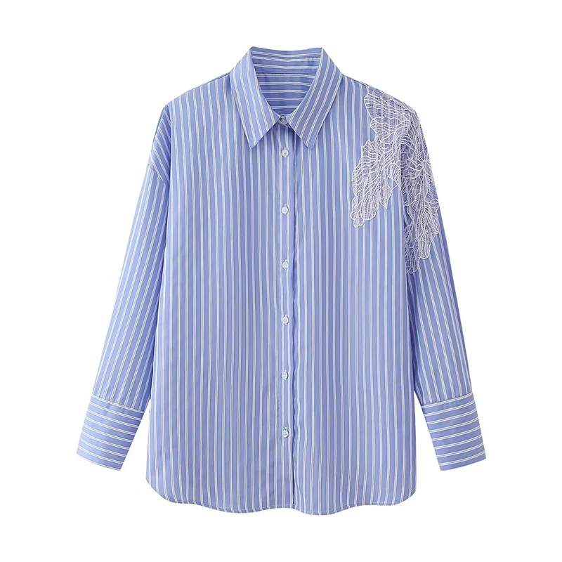 TAOP&ZA Spring and Autumn Long Sleeve Striped Shirt Women 2024 Korean Style Spliced Embroidered Flower Bottoming Top Chic 209