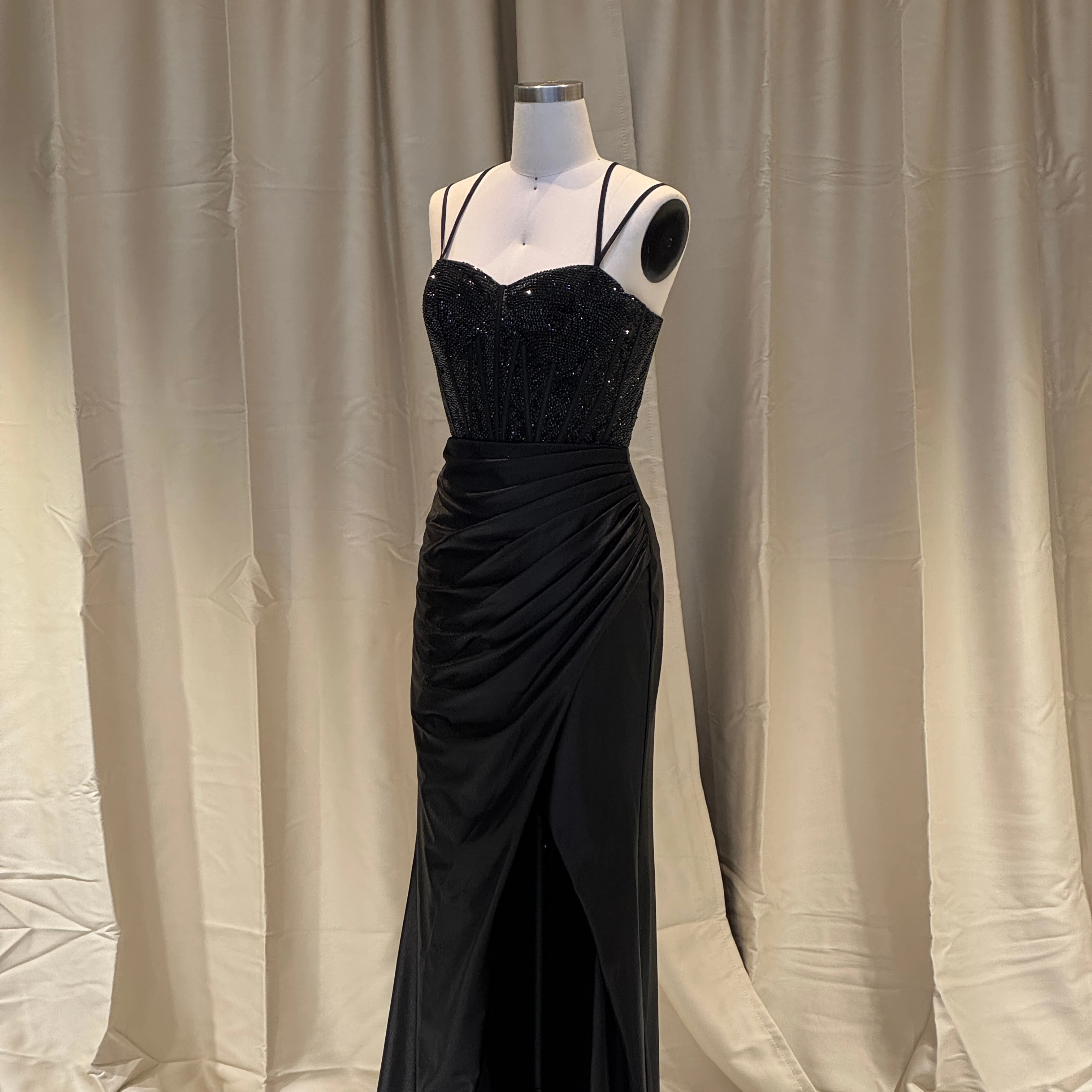 2025 Elegant Satin Mermaid Corset Side Split Evening Prom Dresses Black Beaded Long Sleeve Hand Pleated Cotton Fabric Summer