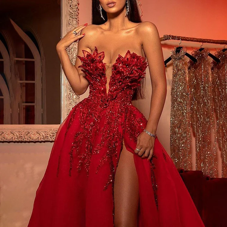 ZISE Guangzhou Factory Wholesale Oem Unique High Quality Sequin High Slit Sexy Red Prom 2022 Luxury Evening Dresses For Women